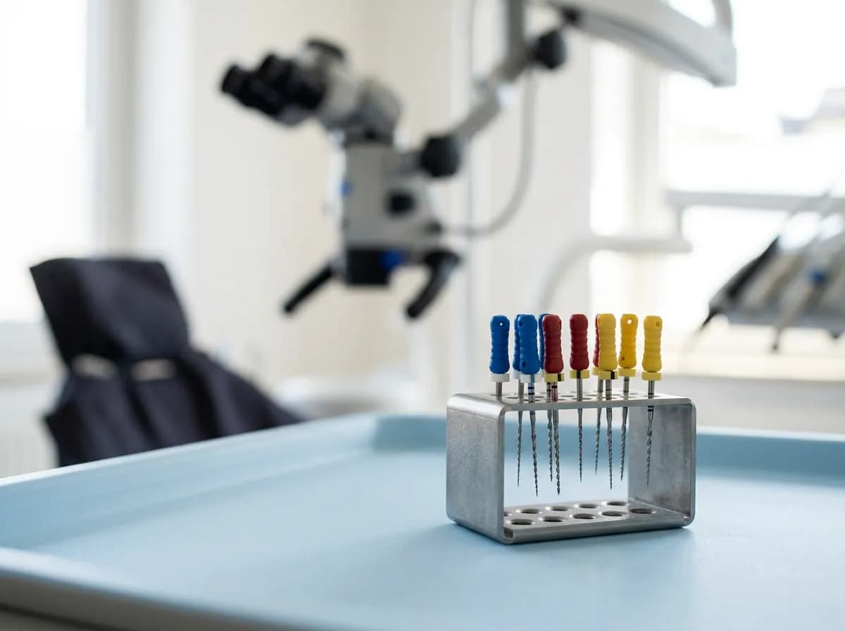 Juurekanali instrumendid steriilsel kandikul, taustal mikroskoop