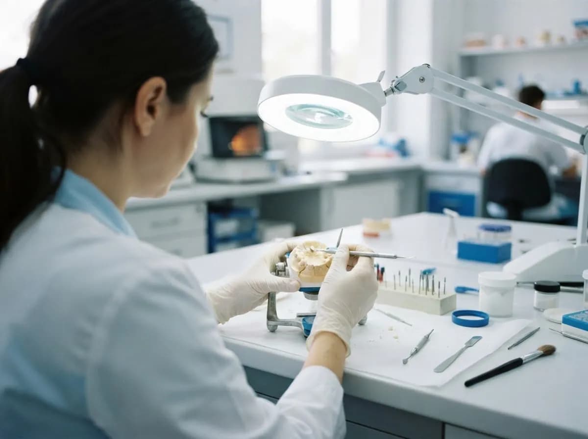 Hambatehnik töötab laboris kipsmudeli ja krooniga